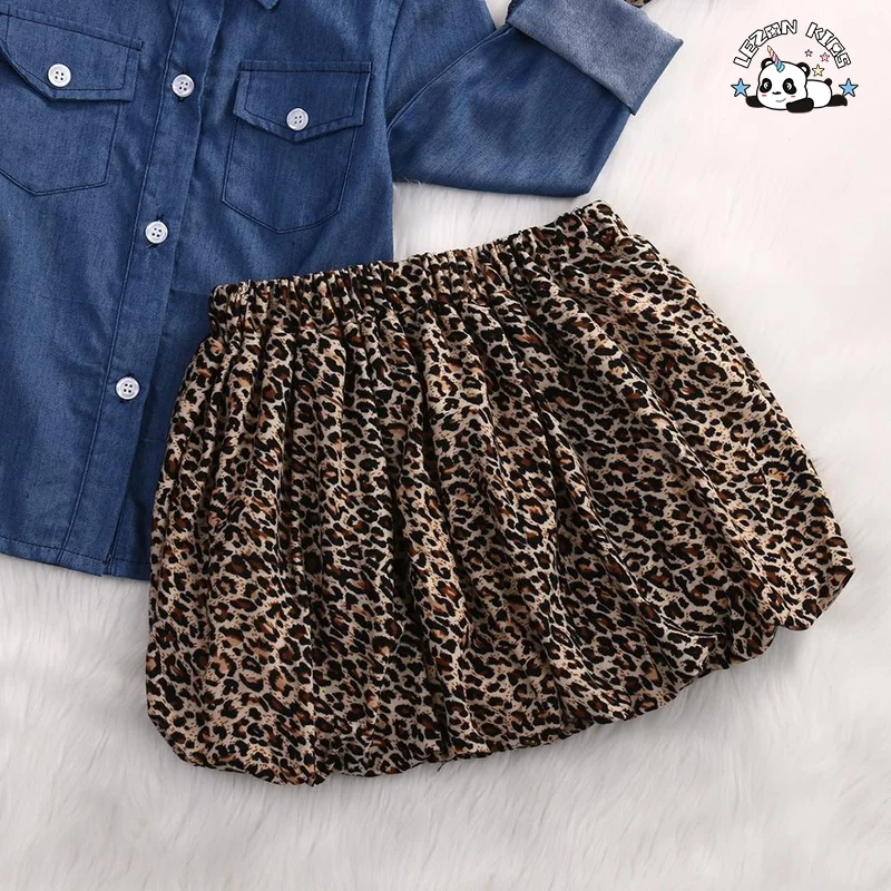 LEZONKIDS - Conjuntos de roupas para meninas personalizáveis de verão, tops de jeans e saia culote de leopardo